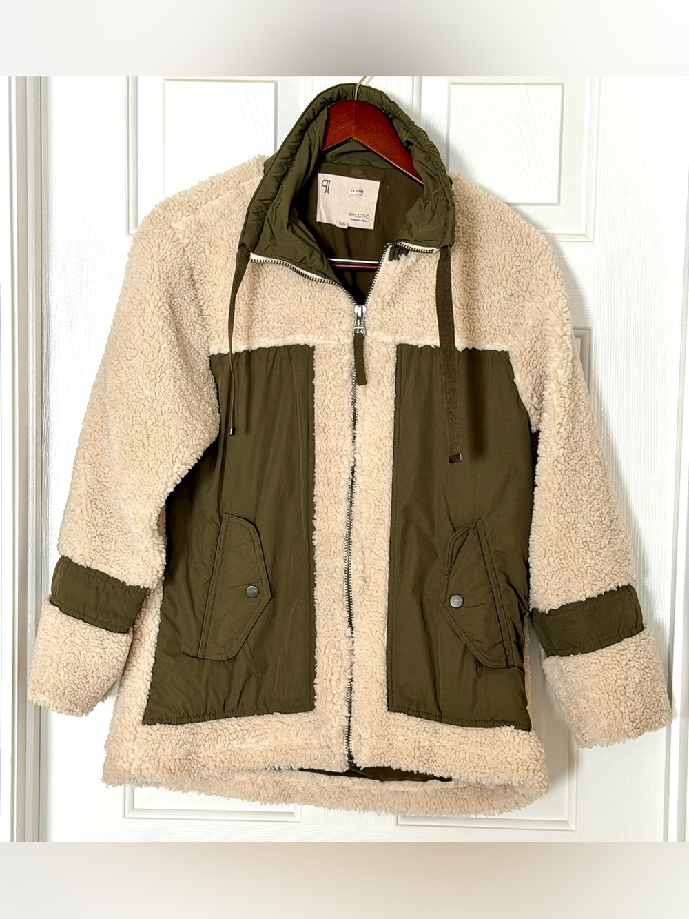 Pilcro by Anthropology Women’s S Sherpa Fleece Jacket Cream Olive Utility Coat - Picture 4 of 16